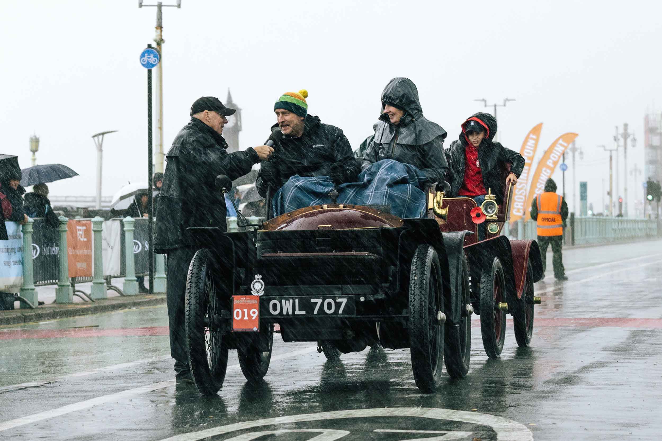 'OWL' finishing the London to Brighton Veteran Car Run in less than perfect weather!
